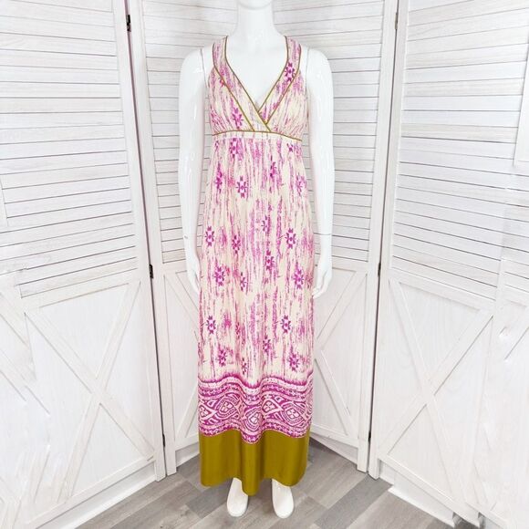 LOFT Dresses & Skirts - Loft Silk Ikat Tribal Print Maxi Dress Sundress Pink Cream Size‎ 2